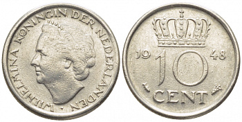 Нидерланды 10 центов 1948 Вильгельмина (1895-1948) KM 177 никель 112-263