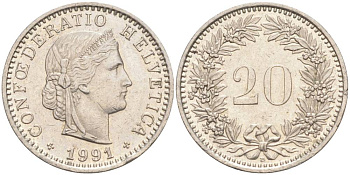 ШВЕЙЦАРИЯ 20 РАППЕНОВ 1991 В KM 29a медно-никель 55-1035
