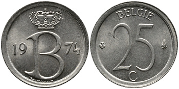 Бельгия 25 сантимов 1974 Belgie, Бодуэн I (1951-1993) KM 154.1 медно-никель 99-362