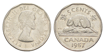 Канада 5 центов 1957 Елизавета II (1952-2022), бобр KM 50a никель 4639-434