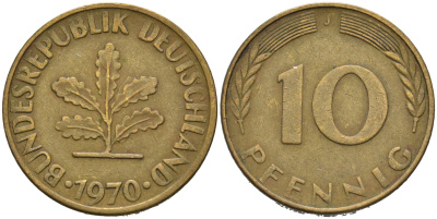 ФРГ 10 пфеннигов 1970 J KM 108, J. 383 сталь плакированная латунью 4681-1127