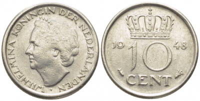 Нидерланды 10 центов 1948 Вильгельмина (1895-1948) KM 177 никель 112-263