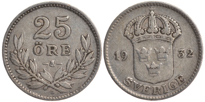 Швеция 25 эре 1932 G, Густав V (1907-1950) KM 785 серебро 4179-845
