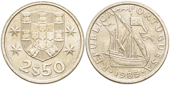 ПОРТУГАЛИЯ 2,5 ЭСКУДО 1985 ПАРУСНИК KM 590 медно-никель XF+ 4513-1211