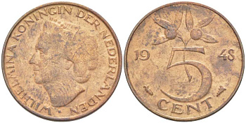 НИДЕРЛАНДЫ 5 ЦЕНТОВ 1948 ВИЛЬГЕЛЬМИНА (1890-1948) KM 176 бронза 212-1026