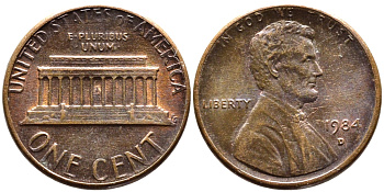 США 1 ЦЕНТ 1984 D, ЛИНКОЛЬН KM 201b цинк плакированный медью 4178-247