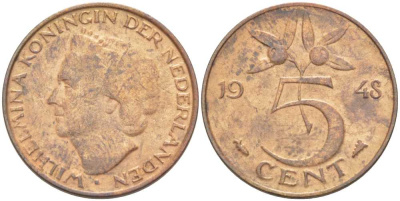 НИДЕРЛАНДЫ 5 ЦЕНТОВ 1948 ВИЛЬГЕЛЬМИНА (1890-1948) KM 176 бронза 212-1026