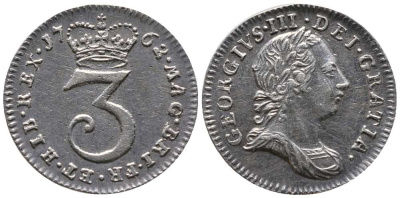 Великобритания 3 пенса 1762 Георг III (1760-1820) KM 591, Spink 3753 серебро 1518-931