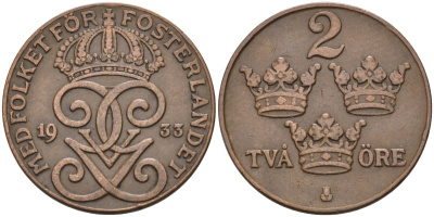 Швеция 2 эре 1933 Густав V (1907-1950) KM 778 бронза 4591-332