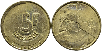БЕЛЬГИЯ 5 ФРАНКОВ 1986 BELGIQUE KM 163 латунь или алюминевая бронза 4384-846