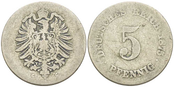 ГЕРМАНИЯ 5 ПФЕННИГОВ 1875 G, СТАРОГЕРБОВКА KM 3, J. 3, Weege 5 медно-никель 211-611