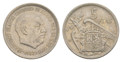 Испания 5 песет 1957 (73) Франсиско Франко (1939-1975) KM 786 медно-никель 4538-416