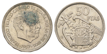 Испания 50 песет 1957 (58) Франсиско Франко (1939-1975) KM 788 медно-никель 4137-725