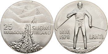 Финляндия 25 марок 1978 K-N, 21 Чемпионат мира по лыжным видам спорта 1978 в Лахти KM 56 серебро 4552-921