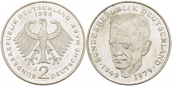 ФРГ 2 МАРКИ 1988 J, КУРТ ШУМАХЕР KM 149, J. 424 медно-никель плакированный никелем 3718-952