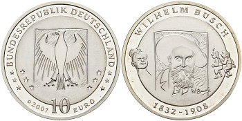 ФРГ 10 евро 2007 D, 175 лет со дня рождения Вильгельма Буша KM 265, DE.S. 10.31 серебро PROOF 1076-3-71