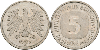 ФРГ 5 марок 1987 F, J. 415 медно-никель плакированный никелем 08-632