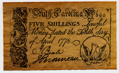 США 5 ШИЛЛИНГОВ 1778 РЕПЛИКА, БРИТАНСКИЕ СЕВЕРО-АМЕРИКАНСКИЕ КОЛОНИИ, ЮЖНАЯ КАРОЛИНА, односторонний бумага 6317-21-3
