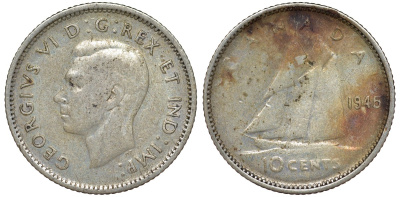 Канада 10 центов 1945 Георг VI (1937-1952), парусник KM 34 серебро 4164-243
