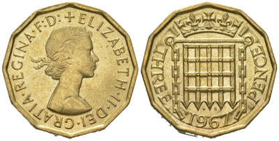 Великобритания 3 пенса 1967 Елизавета II (1952-2022) KM 900, Spink 4153 никель латунь UNC 4163-827