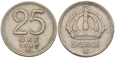 Швеция 25 эре 1945 G, Густав V (1907-1950) KM 816 серебро 4147-961