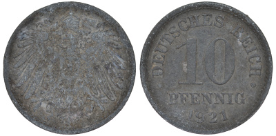 ГЕРМАНИЯ 10 ПФЕННИГОВ 1921 KM 26, J. 299 цинк 45-721