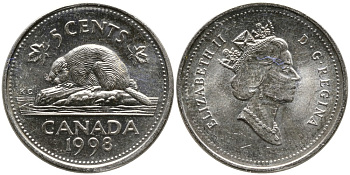 КАНАДА 5 ЦЕНТОВ 1998 ЕЛИЗАВЕТА II (1952-), БОБР, ТРЕТИЙ ПОРТРЕТ В КОРОНЕ KM 182 медно-никель UNC 4543-715