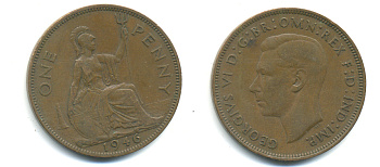 Великобритания 1 пенни 1946 Георг VI (1936-1952) KM 845, Spink 4114 бронза 89-231