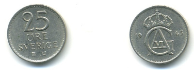 Швеция 25 эре 1965 U, Густав VI Адольф (1950-1973) KM 836 медно-никель UNC 80-768