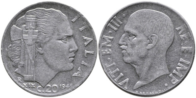 ИТАЛИЯ 20 ЧЕНТЕЗИМО 1941 ГОД XIX, ВИКТОР ИМАНУИЛ III, МАГНИТНАЯ, РУБЧАТЫЙ ГУРТ KM 75b нержавеющая сталь 28-844