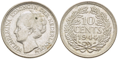 Нидерланды 10 центов 1944 Вильгельмина (1890-1948) KM 163 серебро aUNC 4392-556