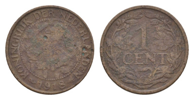 Нидерланды 1 цент 1918 Вильгельмина (1890-1948) KM 152 бронза 75-544