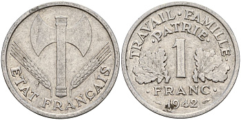 Франция 1 франк 1942 правительство Виши KM 902.1, Le Franc алюминий 4126-644