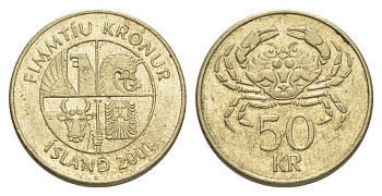 Исландия 50 крон 2001 KM 31 никель латунь 4523-634