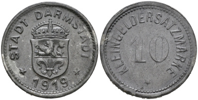 ГЕРМАНИЯ ГЕССЕН ДАРМШТАДТ 10 ПФЕННИГОВ 1919 КЛЯЙНГЕЛЬД цинк 75-1611