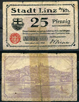 Германия, Линц-на-Рейне 25 пфеннигов 1920 нотгельд, 1.10.1923, без надписи Tieste 4140/71 бумага 8614-44-1-1