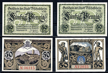 Бишофсхайм-фор-дер-Рён (Федеральная земля Бавария) полный набор из 2 нотгельдов (50 пфеннигов) 1921 Mehl Grabowski 107.2 бумага UNC (пресс) 7556-52-1-2