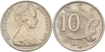 Австралия 10 центов 1971 Елизавета II (1952-), птица лирахвост KM 65 медно-никель 4566-455