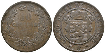 ЛЮКСЕМБУРГ 10 САНТИМОВ 1860 А, ВИЛЬЯМ III НИДЕРЛАНДСКИЙ (1849-1890) KM 23.2 бронза 53-1215