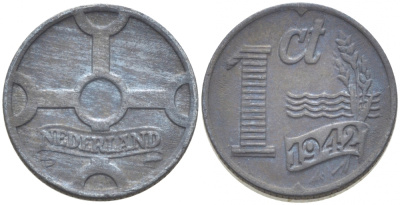 НИДЕРЛАНДЫ 1 ЦЕНТ 1942 ВИЛЬГЕЛЬМИНА (1890-1948) KM 170 цинк UNC 214-742