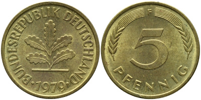 ФРГ 5 пфеннигов 1979 F KM 107, J.382 сталь плакированная латунью 99-119