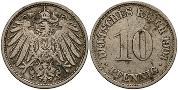Германия 10 пфеннигов 1904 F KM 12, J. 13 медно-никель 4156-431
