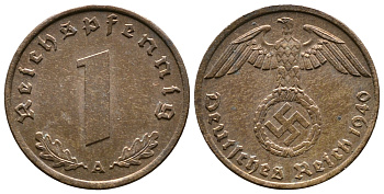 ГЕРМАНИЯ 1 РЕЙХСПФЕННИГ 1940 A KM 89, J. 361 бронза 71-1514