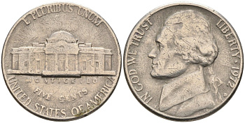 США 5 центов 1972 D, Джеферсон КМ А192 медно-никель 4573-144