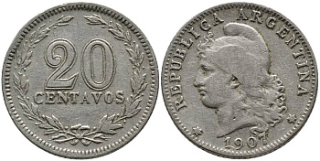 Аргентина 20 сентаво 1907 голова свободы влево KM 36 медно-никель 4525-831