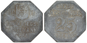 Германия, Мюльхайм-ан-дер-Рур 25 пфеннигов 1917 Северный Рейн-Вестфалия, нотгельд Funck 344.1 цинк 4119-1226