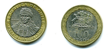 Чили 100 песо 2008 индейцы Мапуче KM 236 биметалл 29-457