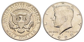 США 1/2 доллара (50 центов) 1980 D, Джон Кеннеди KM A202b медь плакированная медно-никелем aUNC 4183-941