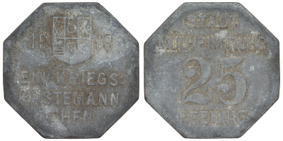 Германия, Мюльхайм-ан-дер-Рур 25 пфеннигов 1917 Северный Рейн-Вестфалия, нотгельд Funck 344.1 цинк 4119-1226