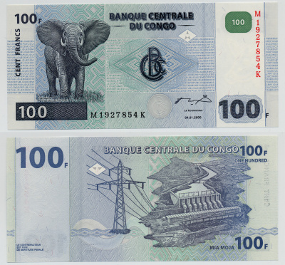 Конго 100 франков 2000 ГЭС, слон Pick 92 бумага UNC (пресс) 6279-9-1-1